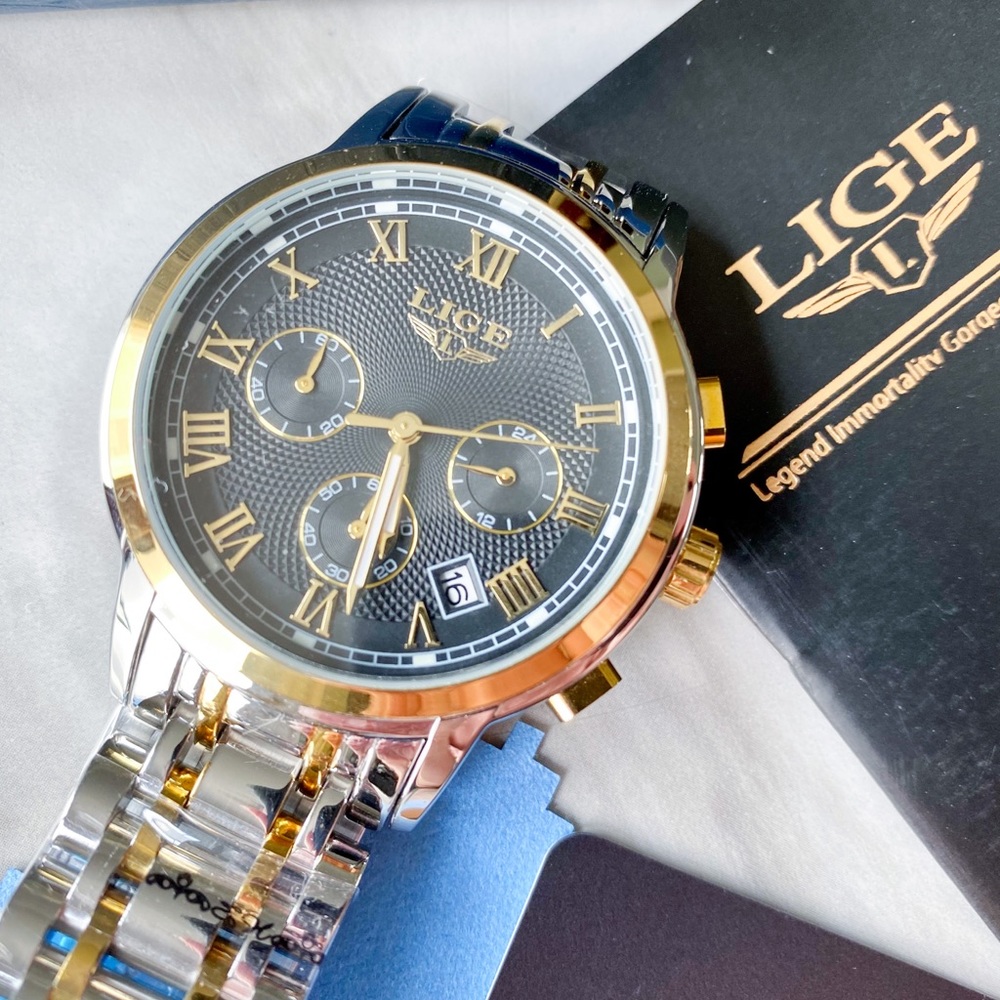 LIGE Watch for Men Silver Gold Metal
